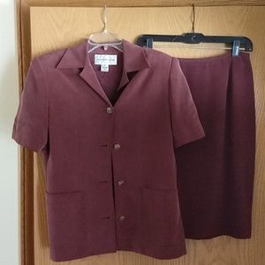 Burgundy Short Sleeve 100% Silk Suit with Skirt